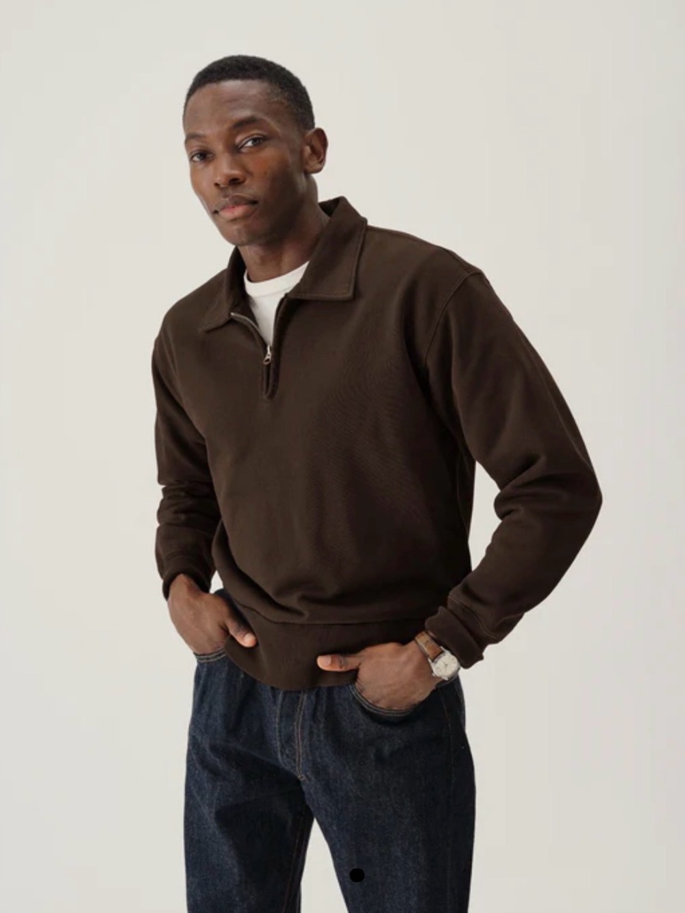 Buck Mason Men's Brown Quarter-Zip Welterweight Sweatshirt